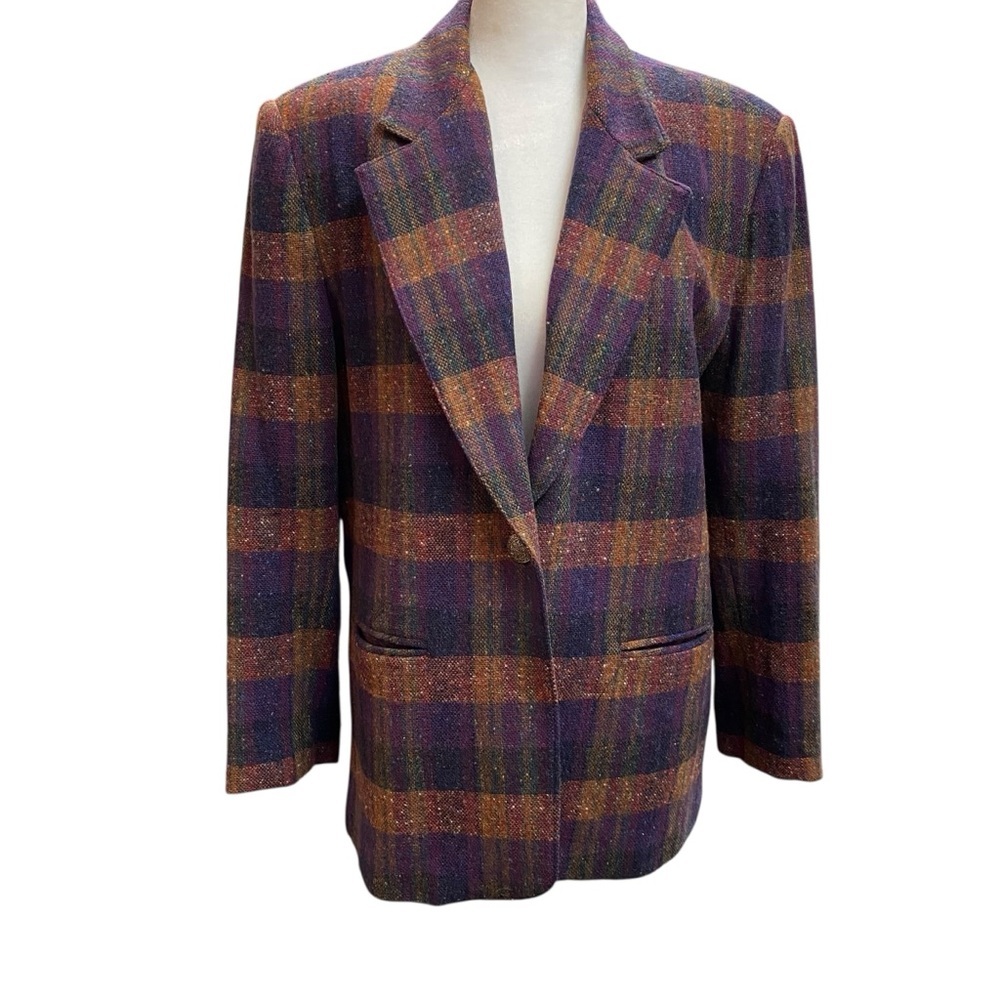 Vintage SOUTHERN LADY Women's size 10 Plaid Wool blend Blazer Purple Rust Blue